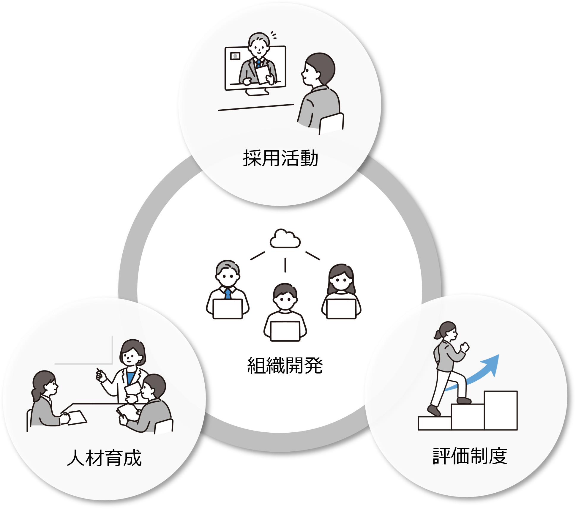 採用活動・評価制度・人材育成によって組織開発を行うことを表した図